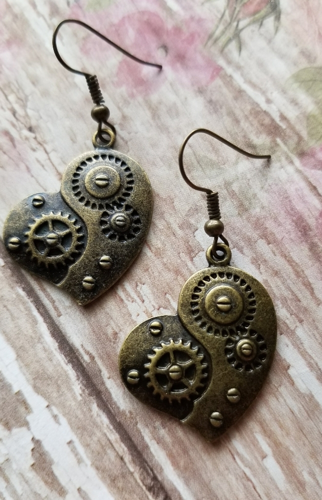 Bronze Heart Gears Steampunk Earrings